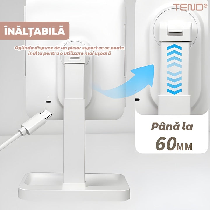 Oglinda Cosmetica Teno, pliabila, iluminare LED, marire X2 si X3, alb, inaltabila, cu oglinzi laterale