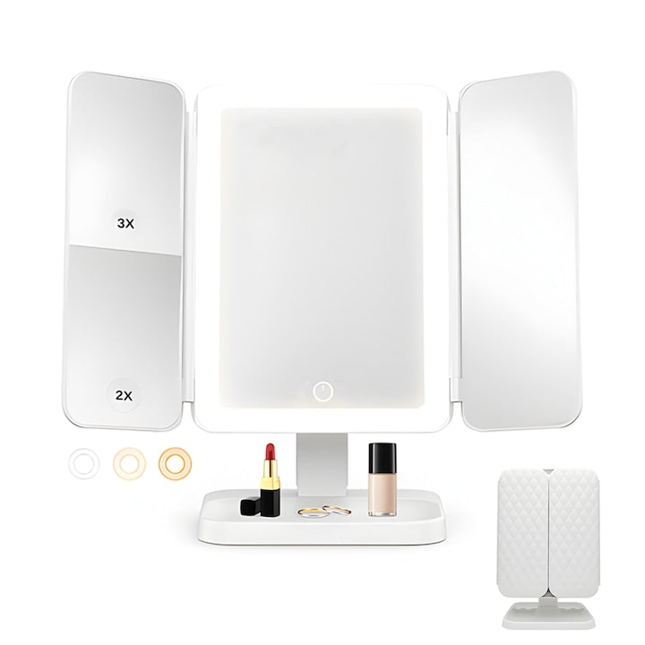 Oglinda Cosmetica Teno, pliabila, iluminare LED, marire X2 si X3, alb, inaltabila, cu oglinzi laterale