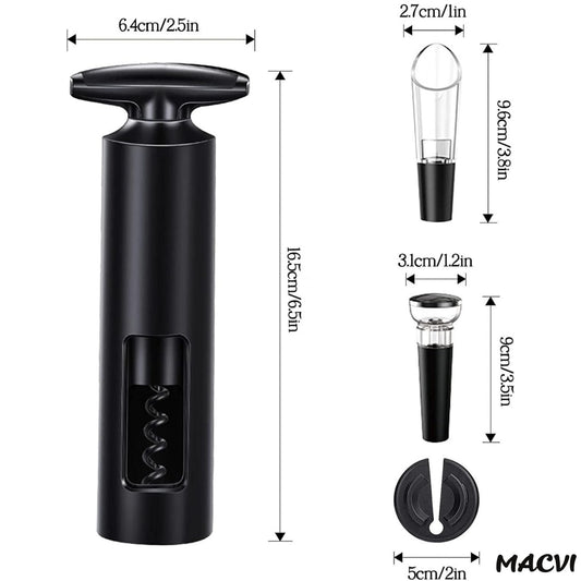 Set deschizator Macvi® 2-in-1 pentru vin, tirbuson profesional cu taietor folie, dop vacuum si aerator, design ergonomic, argintiu