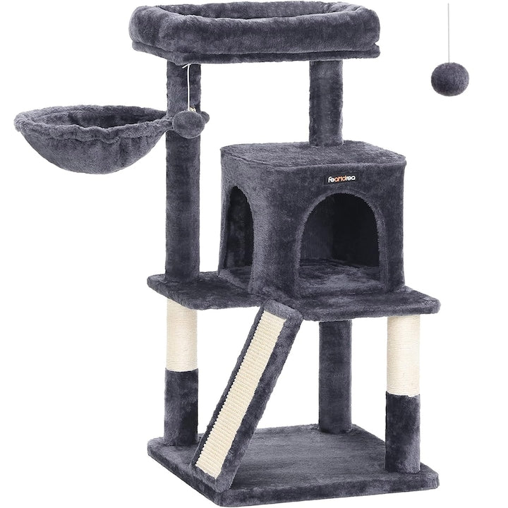 Ansamblu de joaca pentru pisici, tip copac, cu 2 culcusuri si ascunzatoare, 48x48x96cm, gri inchis