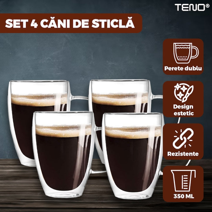 Set 4 Cani de Sticla cu Perete Dublu Teno®, model rotund, design modern, termorezistente, capacitate 350 ml, 12 x 9 cm