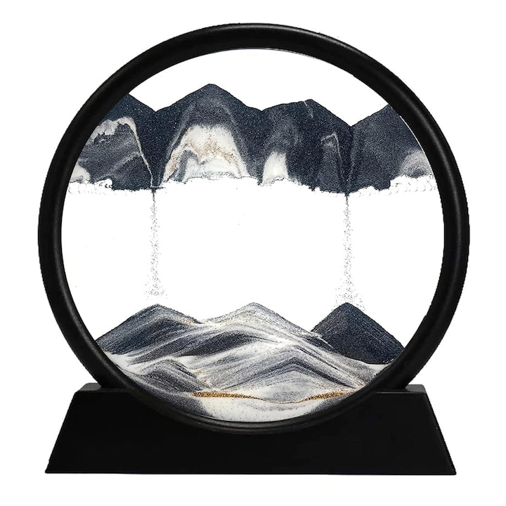 Obiect decorativ Macvi® cu efect 3D din nisip, masa rotativa 360°, baza din plastic, sticla si nisip, 18x19 cm, Negru