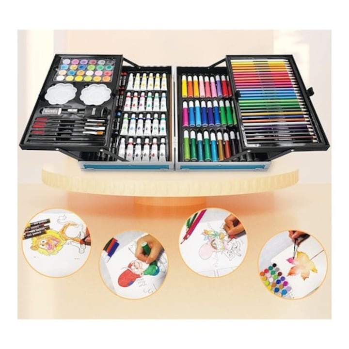 Set pentru pictura si desen MACVI, 145 piese, cutie metalica albastra, pentru copii, 38x26x4cm