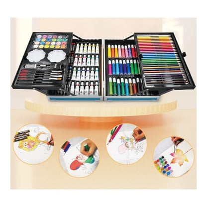 Set pentru pictura si desen MACVI, 145 piese, cutie metalica albastra, pentru copii, 38x26x4cm