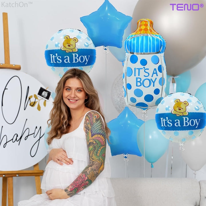 Set 7 Baloane Teno®, pentru Petreceri/Evenimente, bebe, biberon, caciulita, confetti, model GENDER REVEAL, multicolor