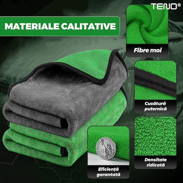 Prosop Auto din Microfibra Teno®, super absorbant, 2 straturi, materiale calitative, cusatura rezistenta, usor de curatat, lustruieste, 70 x 90 cm, verde