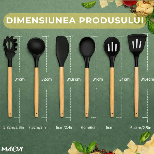 Set 20 Piese Utensile de Bucatarie si Cutite cu Suport Macvi®, Taietor, Ustensile de Silicona, Cutite, Tablita de Taiat si Accesorii pentru Gatit
