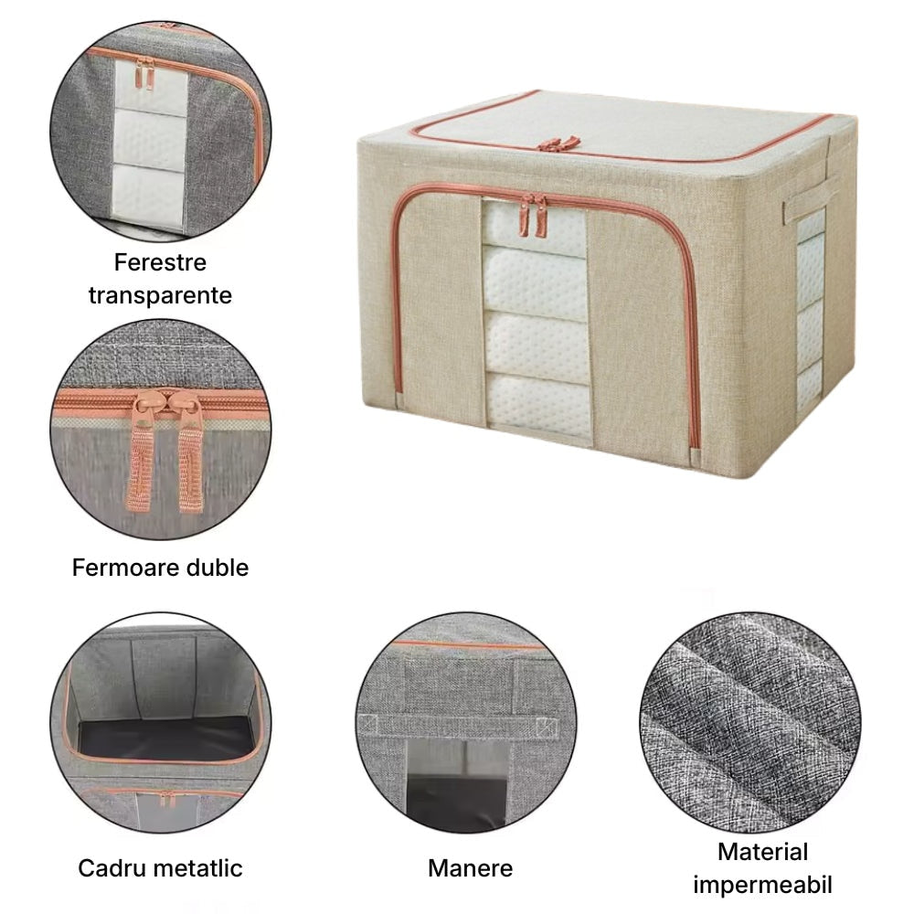 Cutie depozitare Macvi® 24L pliabila din material textil cu fermoar si fereastra transparenta cu cadru metalic pentru organizare eficienta, organizator pentru haine si articole casnice
