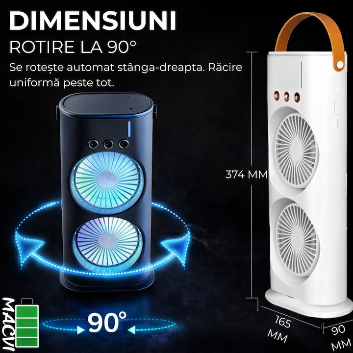 Ventilator Portabil Macvi® cu Pulverizare si Dublu Cap, Sistem de Racire cu Apa, 3 Trepte Viteza, Reglabil 360°, Alimentare USB, Ideal pentru Vara, Birou sau Exterior