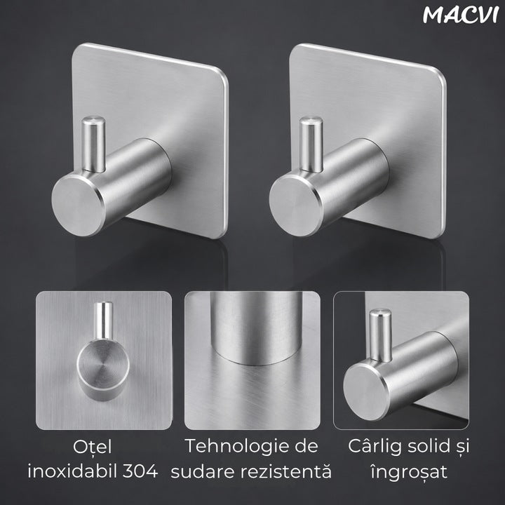 Set 4 cuiere de perete Macvi® din otel inoxidabil, montaj fara gaurire, 4 argintii, rezistente la umiditate, pentru baie si hol