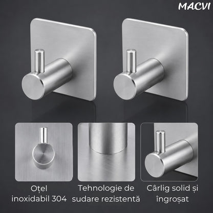 Set 4 cuiere de perete Macvi® din otel inoxidabil, montaj fara gaurire, 4 argintii, rezistente la umiditate, pentru baie si hol