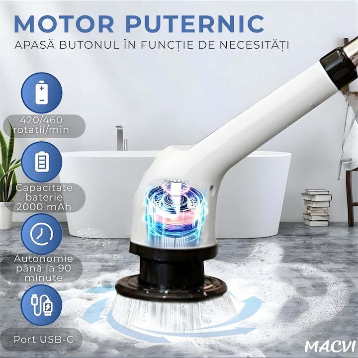 Perie electrica rotativa Macvi® 9 in 1 cu 9 capete interschimbabile, 2 viteze reglabile, wireless, IPX7, maner extensibil, autonomie mare, LED