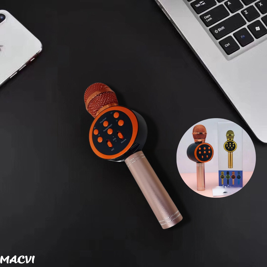 Microfon Karaoke Wireless Macvi® cu Boxa si Bluetooth V11, Portabil, Difuzor Profesional, Baterie Integrata, Roz Gold