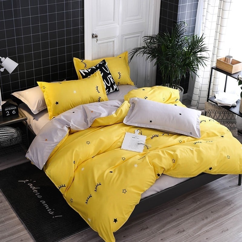 Lenjerie Pat Macvi® Bumbac Satinat 4 Piese 2 Fete Galben Gri Deschis Cearceaf Pilota Perne