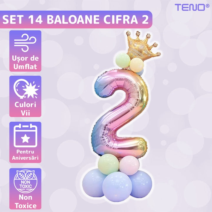 Set 14 Baloane CIfra 2 Teno®, coroana, balon pastelat, pentru Petreceri/Aniversari/Evenimente, mai multe dimensiuni, latex, multicolor