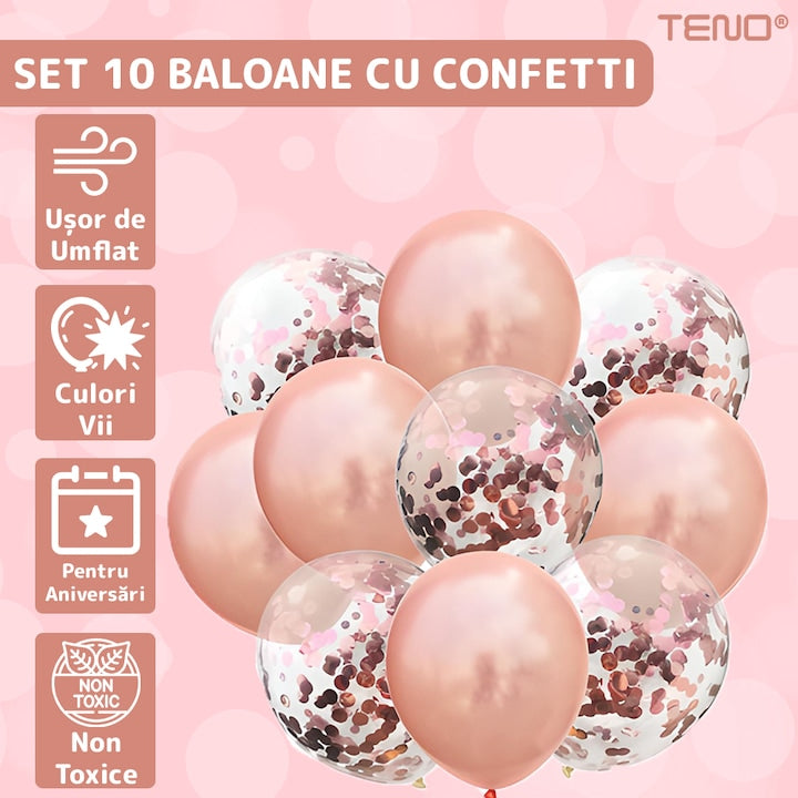 Set 10 Baloane Teno®, Confeti, pentru Petreceri/Aniversari/Evenimente, o singura dimensiune, 2 culori, latex, rose gold