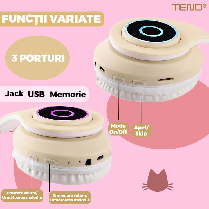 Casti Wireless Model Pisica Teno®, B39, overear, urechi de pisica cu iluminare RGB, bluetooth 5.0, handsfree, HiFi, bass stereo, kaki