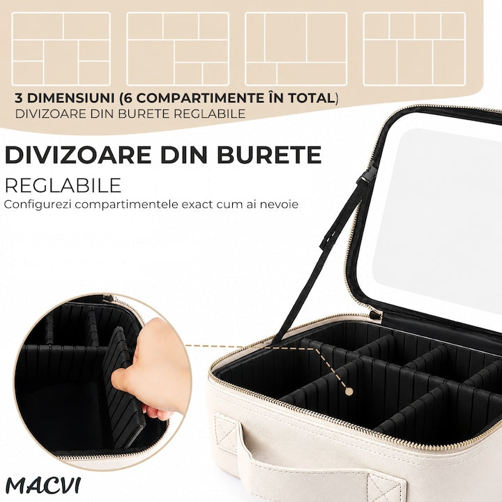 Organizator Machiaj cu Oglinda LED Macvi® 2000mAh, 3 Temperaturi Lumina, 76 LED, Compartimente Reglabile Rotire 360°, Incarcare USB, Geanta Cosmetice Impermeabila, Alb, 27x24x11 cm