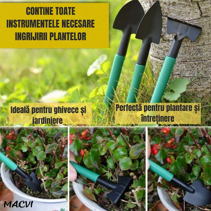 Set accesorii gradinarit Macvi® 10 piese, unelte din inox si plastic, foarfeca, lopata, pulverizator, geanta inclusa