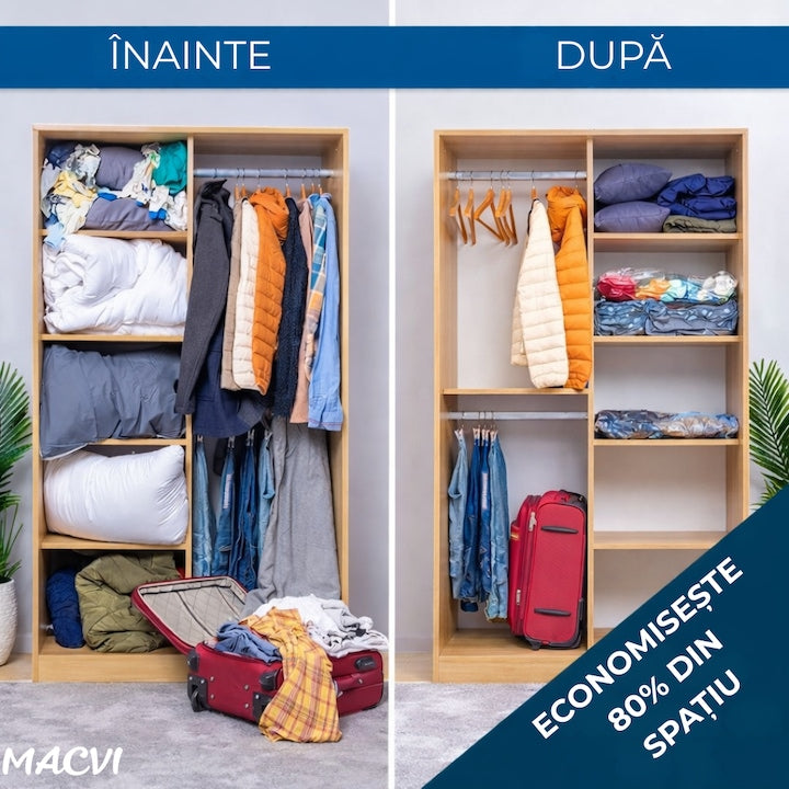 Set 11 Piese Saci de Vidat Macvi®, 10 Saci Vacuum Reutilizabili + Pompa Manuala, 40×60 cm, 50×70 cm, 60×80 cm, 80×100 cm, Economisire Spatiu pana la 80%