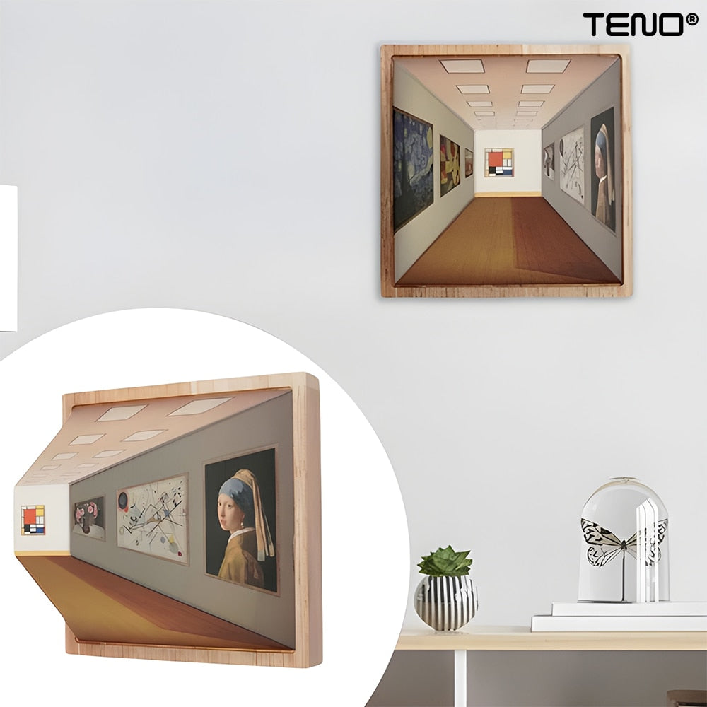 Tablou Iluzie Teno®, picturi celebre, design 3D, diverse perspective, rama din lemn, lumini LED, naked eye, 19 x 19 x 15 cm, maro