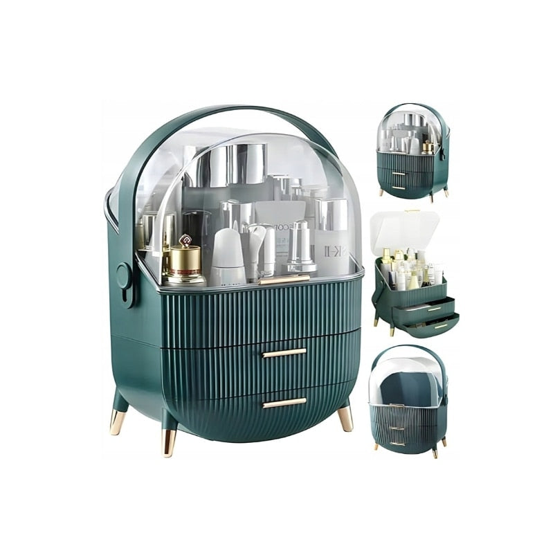 Set organizator de machiaj Macvi®, 2 sertare, capac transparent, maner confortabil, rezistent la praf, plastic PP + acril, 37x28x18.5 cm