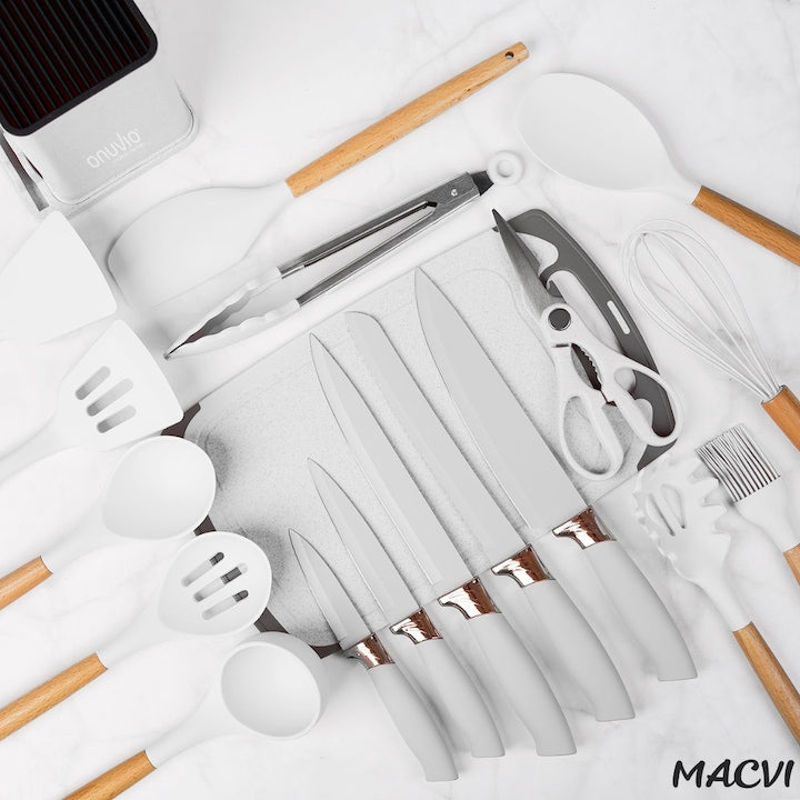 Set Ustensile Bucatarie Macvi® 19 Piese Silicon Termorezistent si Bambus, Cutite Inox, Suport Organizator Compact, Design Alb Elegant