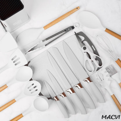 Set Ustensile Bucatarie Macvi® 19 Piese Silicon Termorezistent si Bambus, Cutite Inox, Suport Organizator Compact, Design Alb Elegant