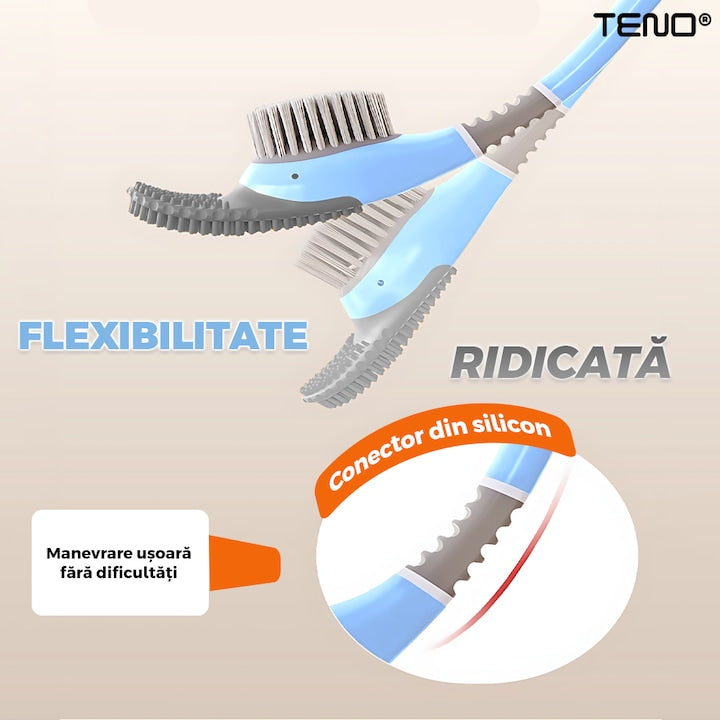 Perie pentru Toaleta Ratusca Teno®, din silicon, model adorabil, carcasa ou, suport adeziv montabil pe orice suprafata, 2 capete, capat cioc din silicon, capat cu peri pentru pete, albastru