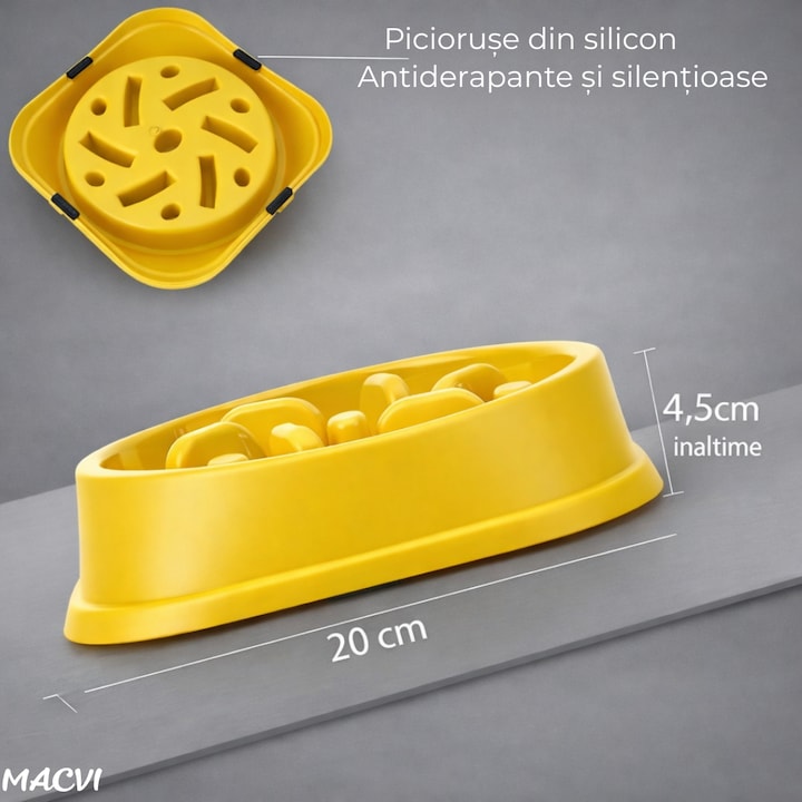 Alimentator Lent pentru Animale Macvi®, Bol Antiderapant Hranire Lenta pentru Caini si Pisici Design Interior AntiInghitire Material Sigur Usor de Curatat Rezistent, Galben