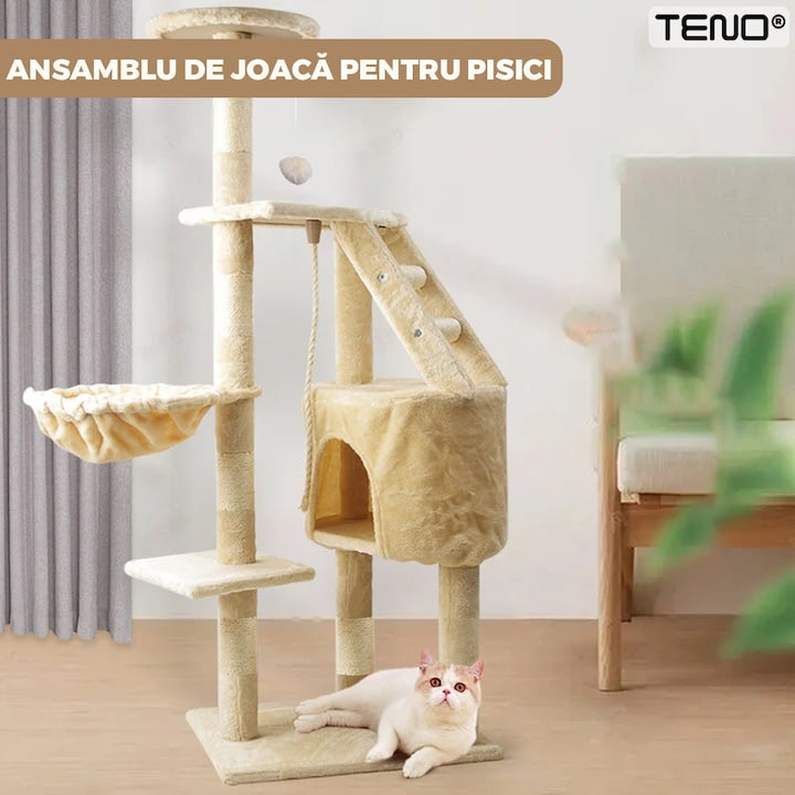 Ansamblu de Joaca pentru Pisici Teno®, tip turn, 1 platforma de observatie, 4 niveluri, 1 casuta, scara, franghie si mingiute de joaca, stalpi pentru zgariat, captuseala extra moale, structura stabila, 118 cm, bej