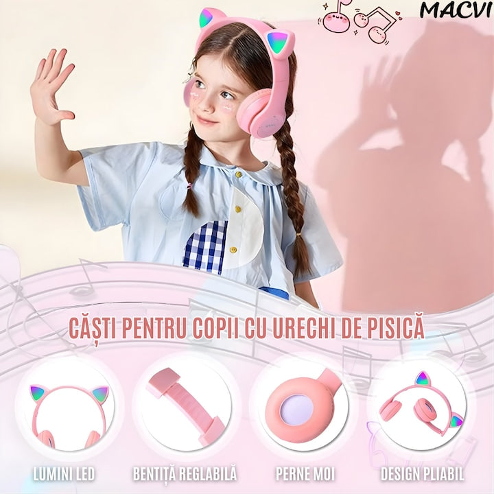 Casti stereo wireless Macvi® P47, urechi pisica, Bluetooth 5.0, radio FM, reducere zgomot, pliabile, slot card, roz