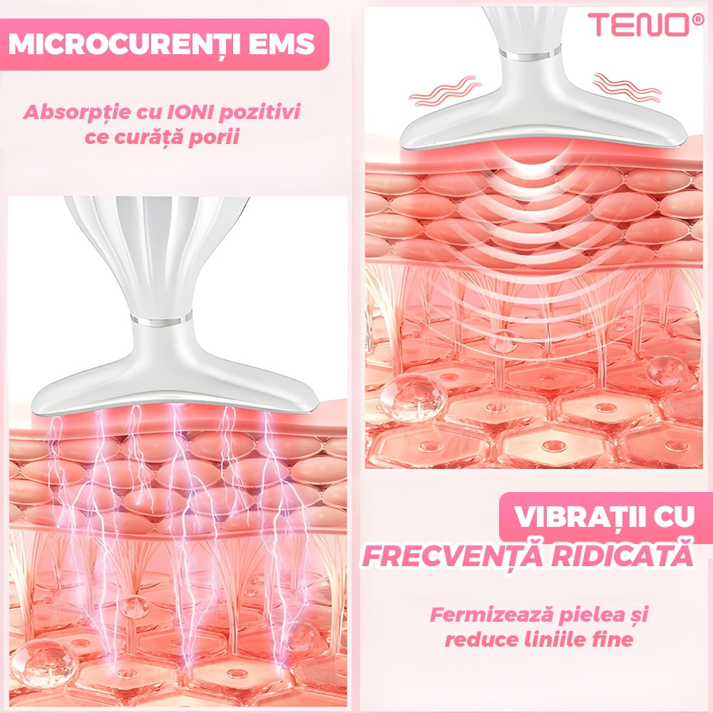 Dispozitiv Anti-Rid Teno®, aparat de masaj facial si pentru gat, suport inclus, cu incalzire pana la 42°C, 3 moduri de vibratie, fototerapie, lifting si reducerea ridurilor, alb