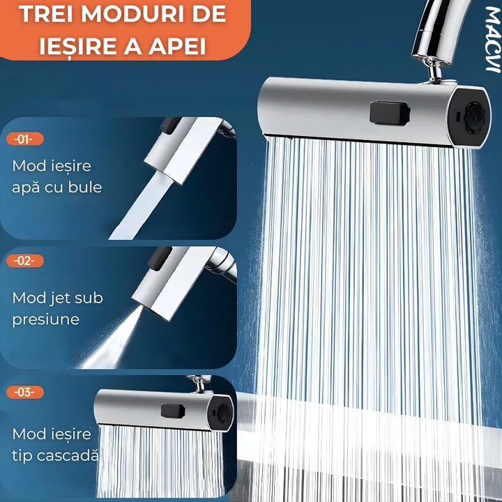 Baterie de bucatarie Macvi® 4 in 1 cu cascada, pivotanta 360°, robinet extensibil multifunctional din otel inoxidabil 304, rezistent la coroziune si uzura