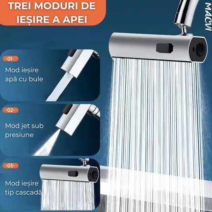 Baterie de bucatarie Macvi® 4 in 1 cu cascada, pivotanta 360°, robinet extensibil multifunctional din otel inoxidabil 304, rezistent la coroziune si uzura