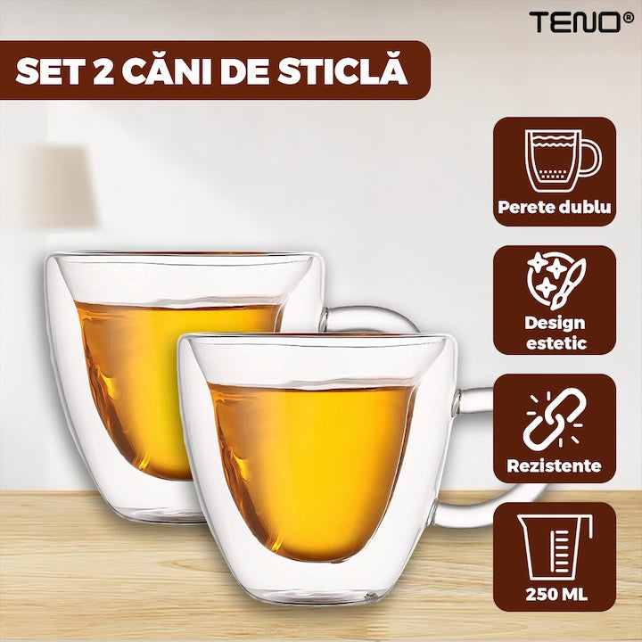 Set 2 Cani de Sticla cu Perete Dublu Teno®, model inimioara, design modern, termorezistente, capacitate 250 ml, 9 x 8 cm