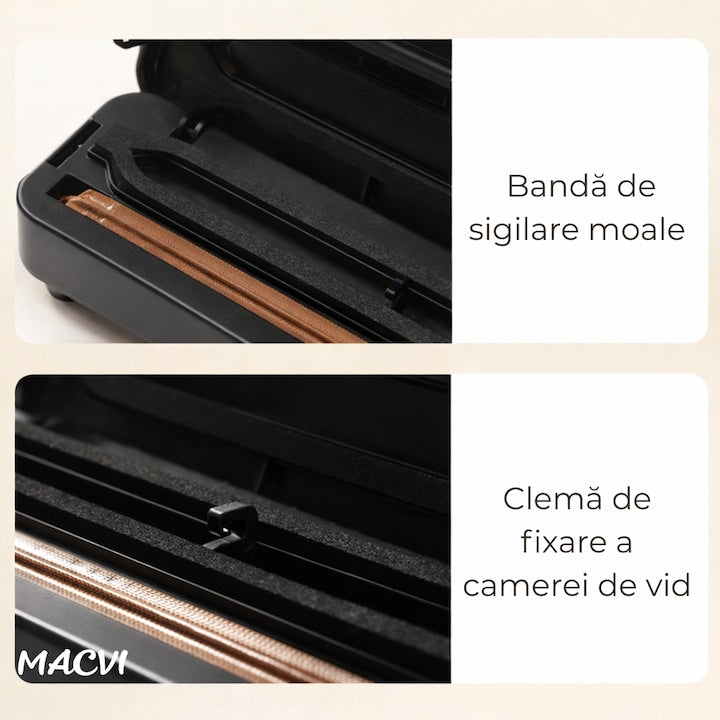 Aparat de Vidat Macvi® Alimente 110W cu Functie de Sigilare, Pompa Puternica, Compact si Usor de Utilizat pachetul include 10 Pungi de Vidat