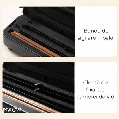 Aparat de Vidat Macvi® Alimente 110W cu Functie de Sigilare, Pompa Puternica, Compact si Usor de Utilizat pachetul include 10 Pungi de Vidat
