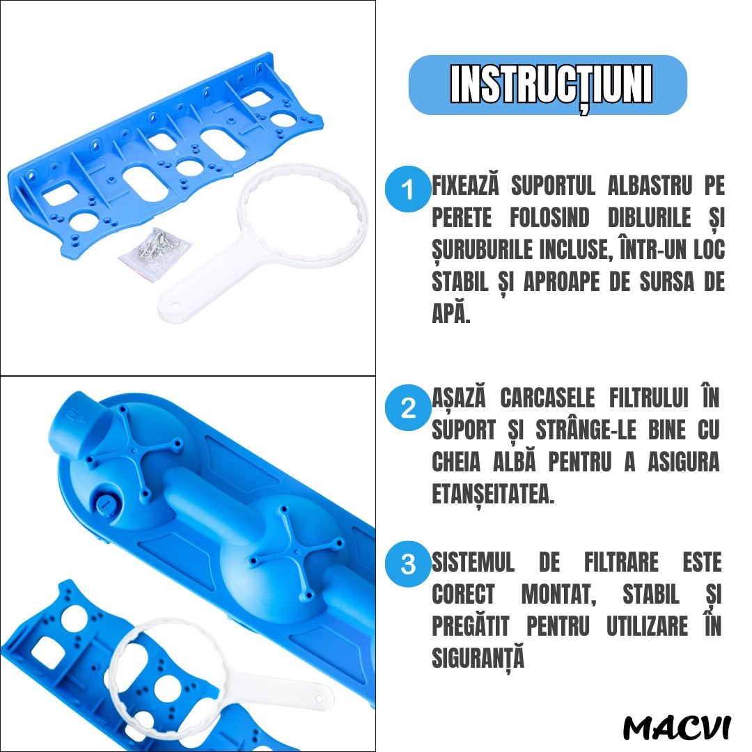 Sistem de Filtrare Apa Macvi® Triplu 3/4", 3 Trepte cu Carbone Activ, Bumbac si Sita, Microfiltrare 5 Microni, 34.5 cm, Alb/Albastru