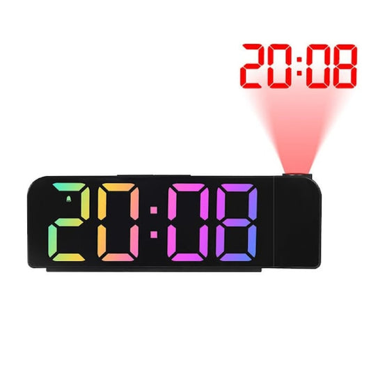 Ceas digital de masa Macvi®, LED multicolor, proiectie ora tavan/perete, alarma, temperatura, 12/24H, USB, negru, baterie CR2032 (neinclusa), 13 x 7 x 4 cm