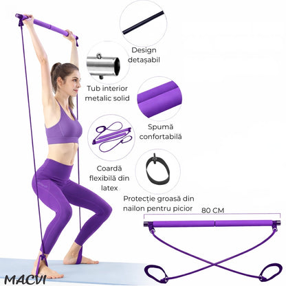Bara Fitness Macvi® cu Benzi Elastice Reglabile, Multifunctionala pentru Antrenamente Complete, Rezistenta Ajustabila, Culoare Mov