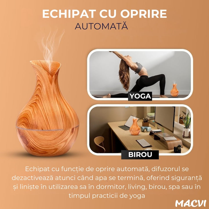 Difuzor Aromaterapie Macvi® cu Umidificator, ultrasunete, forma de vaza, buton touch, bej , LED 7 culori, 130 ml