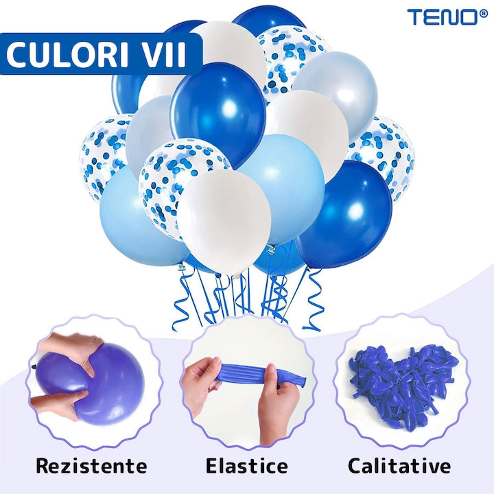 Set 12 Baloane Teno®, Cifra 1, pentru Petreceri/Aniversari/Evenimente, Stea/Rotunde/Confetti, 3 culori, latex, albastru