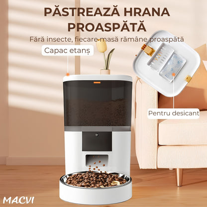 Dozator Automat Hrana Animale Macvi® 6L Conectare Baterii(neincluse) sau Priza, Control din Telefon, WiFi, Vas Inox, Programare Mese pentru Caini si Pisici