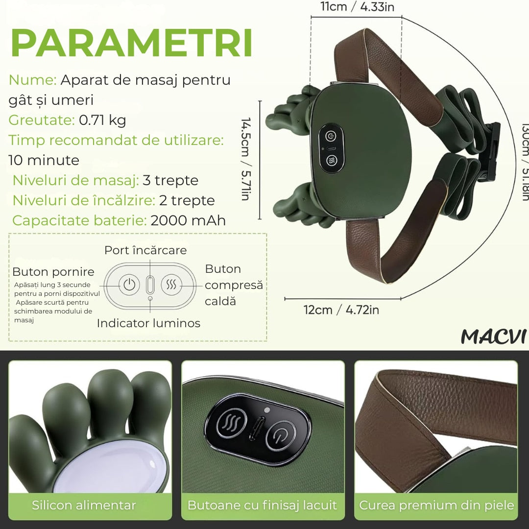 Aparat Masaj Gat si Umeri 4D Macvi® cu Incalzire 3 Intensitati Masaj Cervical Bionic Terapie Termica Simulare Masaj Maini Ameliorare Durere Gat Umeri Relaxare Musculara