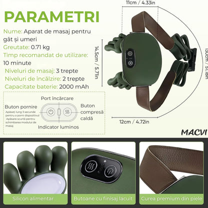 Aparat Masaj Gat si Umeri 4D Macvi® cu Incalzire 3 Intensitati Masaj Cervical Bionic Terapie Termica Simulare Masaj Maini Ameliorare Durere Gat Umeri Relaxare Musculara