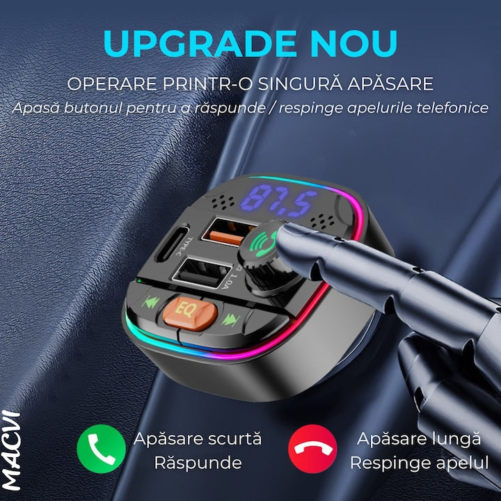 Modulator FM Bluetooth 5.0 Macvi® cu Incarcare Rapida QC 3.0 si PD 20W, 1x USB Tip C, 2x USB Tip A, Iluminare RGB, Negru