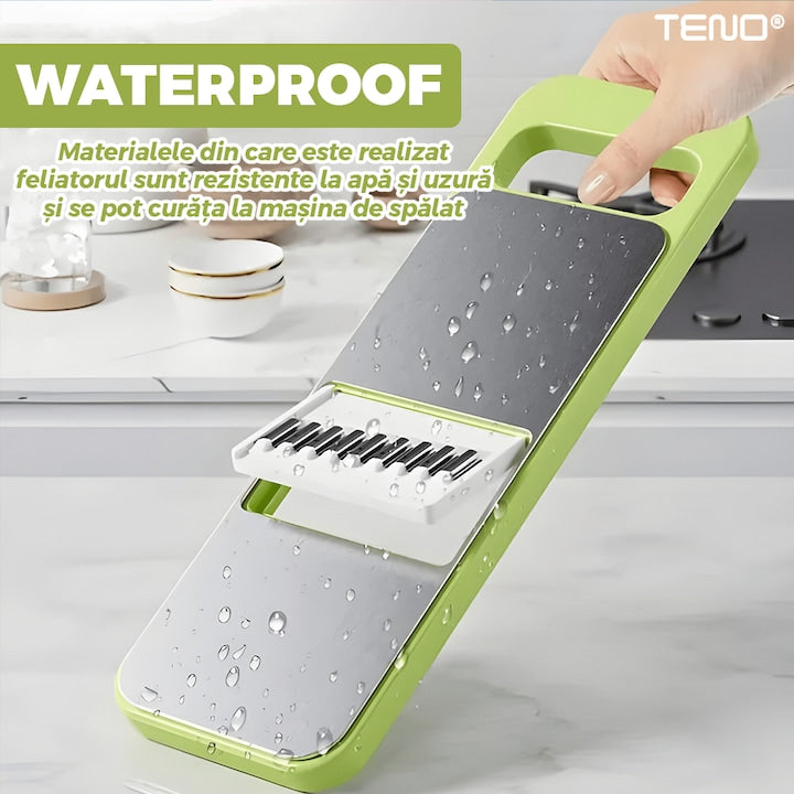 Feliator 7 in 1 Teno®, 5 accesorii de feliere, materiale rezistente, waterproof, protectie pentru mana, mandoline si razatoare, recipient de depozitare, verde deschis