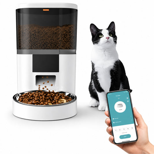 Dozator Automat Hrana Animale Macvi® 6L Conectare Baterii(neincluse) sau Priza, Control din Telefon, WiFi, Vas Inox, Programare Mese pentru Caini si Pisici