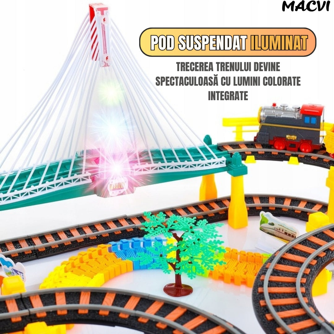 Circuit 2 in 1 XXL Macvi® 140 Piese, 86x74 cm, cu Trenulet Electric si Masinuta, Pod cu Lumini, Pista Rapid Transit de Mare Viteza, Multicolor